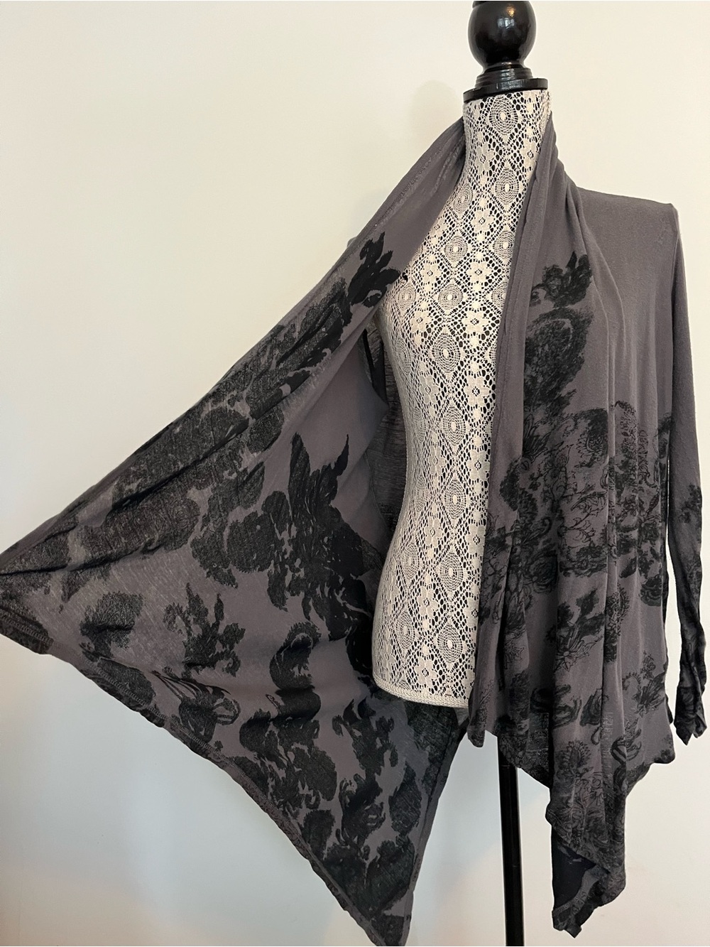 All Saints Charcoal Gray Draped Floral Burnout Cardigan - Picture 2 of 5